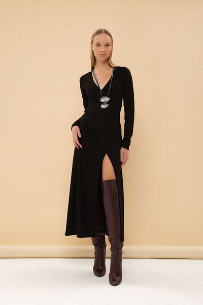 Eda Taşpınar Wrapped Collar Slit Cotton Woven Dress TEKS-00045