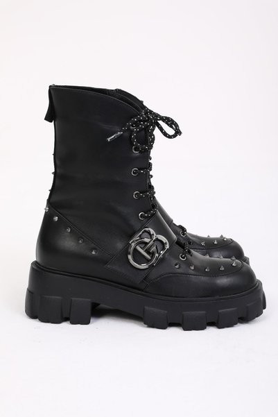 FOLLİNİ Women's Black Leather Studded Detailed Boots