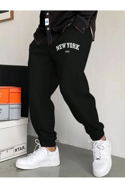 BEETON بنطال رياضي نيويورك 199X - أسود مطبوع بأرجل مطاطية وخصر عالي