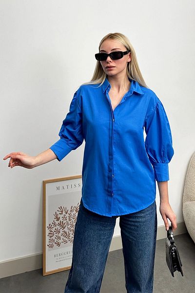VAGGON Women's Saks Balloon Sleeve Hidden Placket Woven Shirt Prm0722