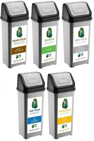 DEEMBRO Sıfır Atık Kutusu 35 Lt*5 Adet Geri Dönüşüm Kutusu tek Kapaklı  kağıt-organik-cam-plastik-metal