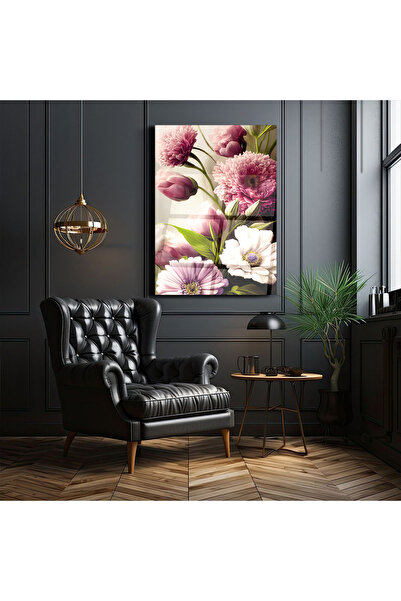 Zerawall Cam Tablo Pembe Çiçekler  - Ev Dekorasyonu - Ofis Dekorasyonu - Dikey