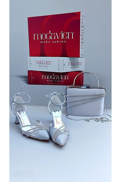 modavien moda aşkına Women's 6 cm Silver Stone Evening Dress Shoes & Bag Combination 355ç