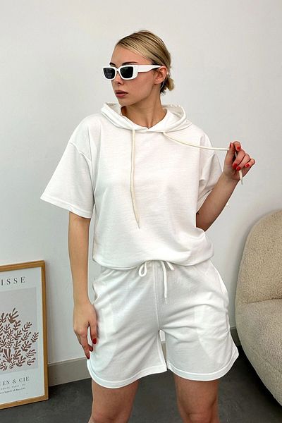 VAGGON Ecru Hooded Sweatshirt and Shorts Set - Two Thread Prm0731