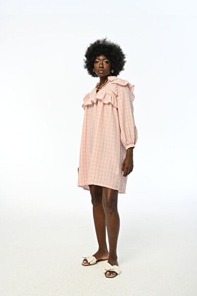 Orfeo Negro Kadın Ekose Robası Volanlı Diz Üstü Pembe Elbise