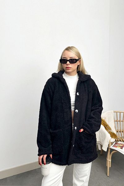 VAGGON Черно плюшено яке Oversize - Двойни джобове, Закопчава се, Prm0589