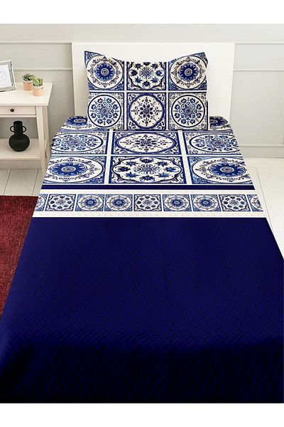 3D ELSE HALI Blue and White Single and Child Pique Set - Tile Patterned Print