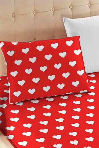 3D ELSE HALI طقم ملاءة سرير مطاطية مفردة منقوشة على شكل قلب باللونين الأحمر والأبيض مقاس 90 × 190 سم