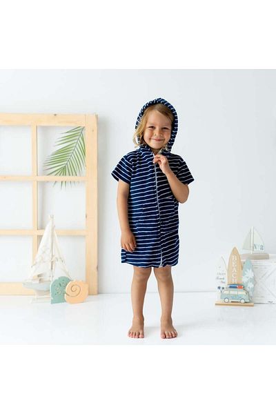 Mama Yoyo Baby&Kids Navy Blue Striped Short Sleeve Beach Bathrobe - Outlet