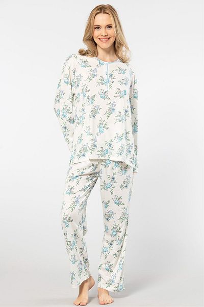 TÜREN Türen 3388 Women's Oversize Floral Patch Long Sleeve Pajamas Set-Blue