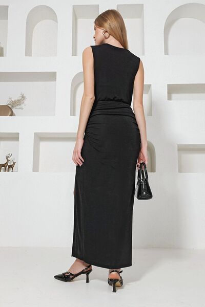 VAGGON Femei Negru Femei Negru Decolteu Degaje Drapat Slit Buzzy Rochie de seara Prm0783 Prm0783