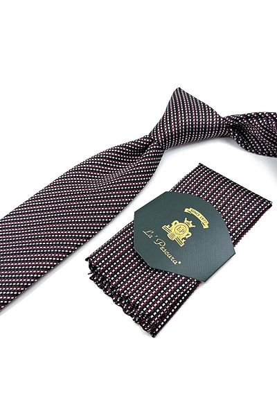 Kravatkolik Black - Red Line Pattern Classic Tie with Handkerchief Kk11353