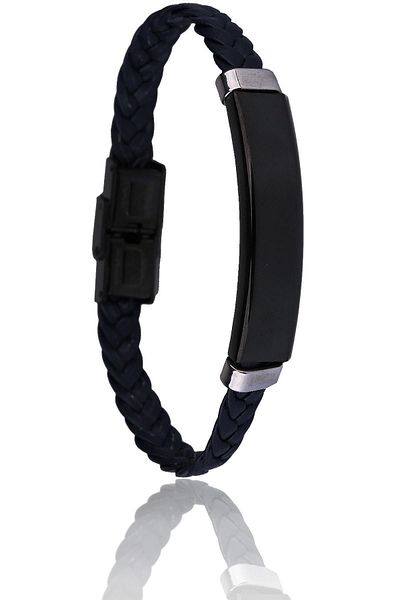 Kravatkolik Navy Blue - Black Leather Steel Men's Bracelet Blk1531