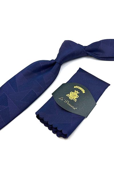 Kravatkolik Navy Blue - Classic Necktie with Plum Motif Pattern Handkerchief KK12297