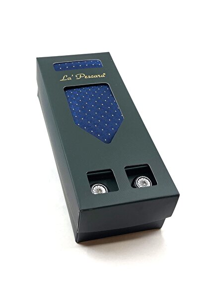 La Pescara Navy Blue Handkerchief Tie Gray Cufflinks Gift Set OS507