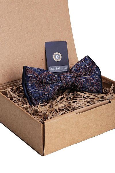 Kravatkolik Navy Blue Shawl Pattern Bow Tie P1391