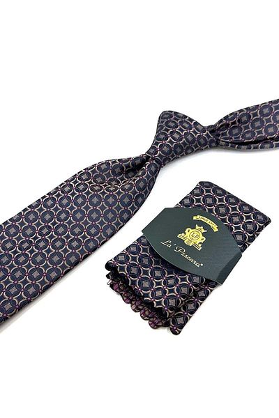 Kravatkolik Brown - Black Motif Pattern Classic Tie with Handkerchief KK12391