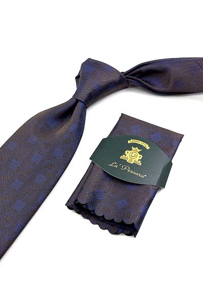 Kravatkolik KK12547 Model - Brown Motif Patterned Classic Necktie with Handkerchief