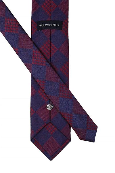 Kravatkolik Navy Blue Plaid Pattern Classic Tie with Handkerchief Kk10450