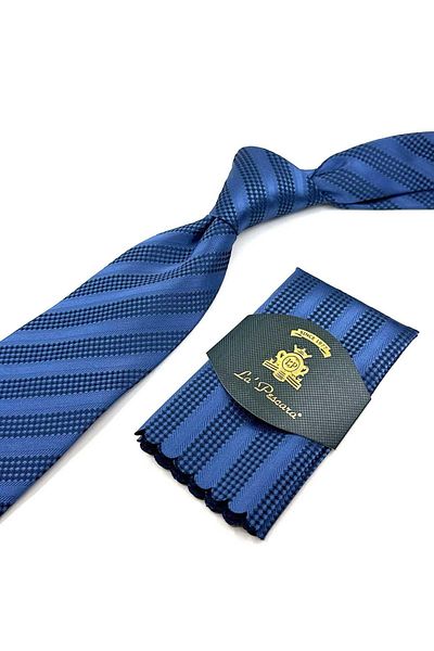 Kravatkolik Classic Tie with Blue Line Pattern Handkerchief KK12313