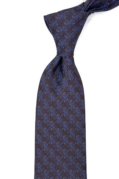 Kravatkolik Brown - Blue Square Pattern Classic Tie with Handkerchief KK12487