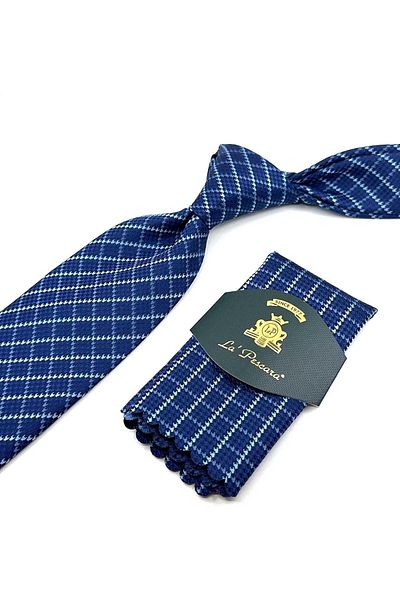 Kravatkolik Navy Blue - Blue Square Pattern Classic Tie with Handkerchief KK12301