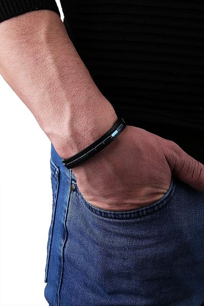 Kravatkolik Black Colored Stoned Leather Steel Men's Bracelet Blk1645