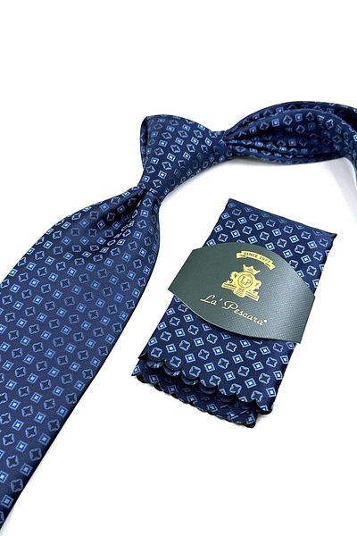 Kravatkolik Patterned Navy Blue Classic Tie with Handkerchief - KK12713