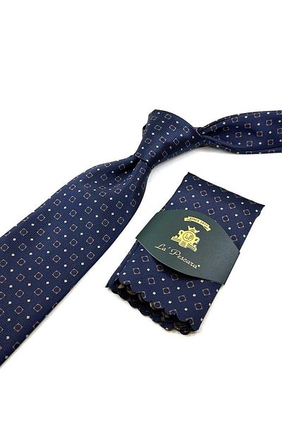 Kravatkolik Patterned Navy Blue Classic Tie with Handkerchief - Kk12519