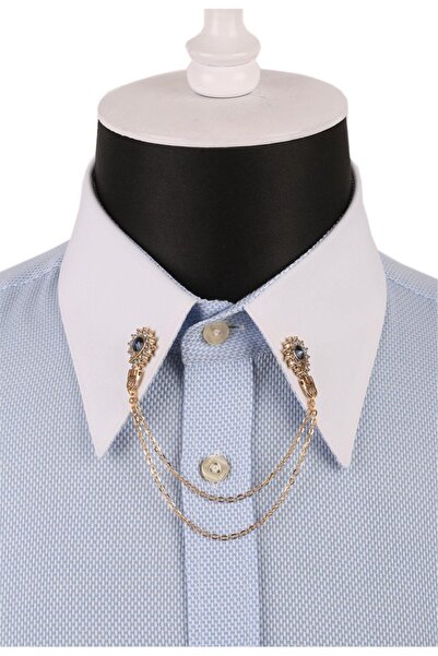 La Pescara Lacivert Kristal Taşlı Zincirli Altın Renk Gömlek Yaka İğnesi GI073