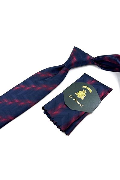 Kravatkolik Navy Blue Motif Pattern Classic Tie with Handkerchief Kk11328