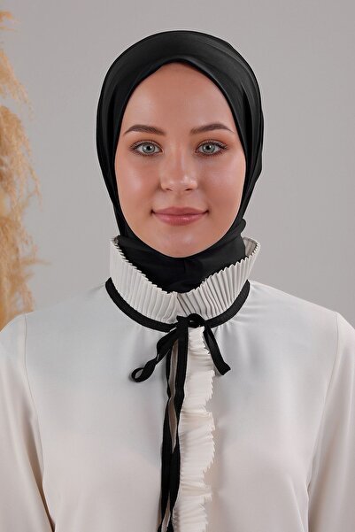 Melodi Scarf Kadın Tesettür Pratik Çıtçıtlı Sandy Fular Hazır Deniz Havuz Uyumlu Bone Siyah