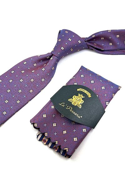 Kravatkolik Orange - Blue Small Pattern Classic Necktie with Handkerchief KK12276