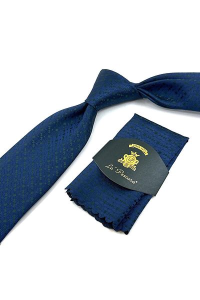 Kravatkolik Green - Navy Blue Motif Pattern Classic Necktie with Handkerchief KK12012