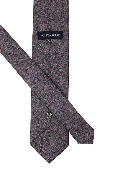 Kravatkolik Men's Gray Line Pattern Classic Necktie with Handkerchief