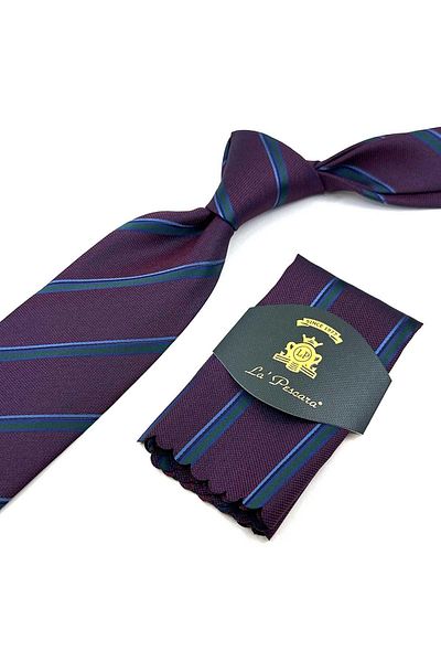 Kravatkolik Claret Red Line Pattern Classic Tie with Handkerchief KK12267