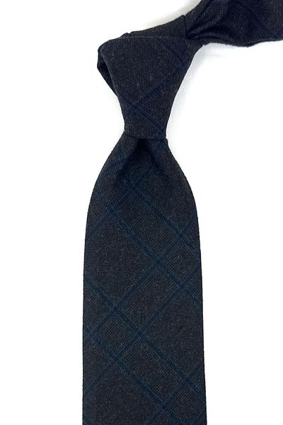 Kravatkolik Black - Smoked Plaid Pattern Classic Wool Tie with Handkerchief KK12089