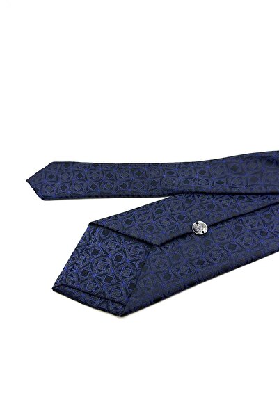 Kravatkolik Smoked - Navy Blue Motif Pattern Classic Tie with Handkerchief KK12412