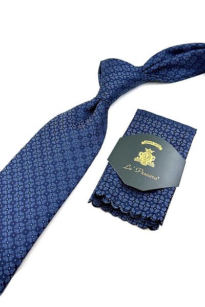 Kravatkolik Patterned Navy Blue Classic Tie with Handkerchief - KK12724