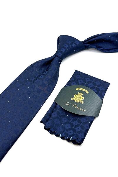 Kravatkolik Patterned Navy Blue Classic Tie with Handkerchief - KK12574