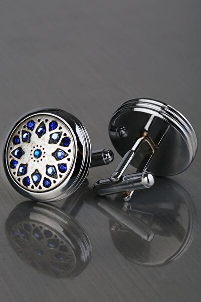 Kravatkolik Erkek Gümüş Renk Mavi Taşlı Kol Düğmesi Kd1230