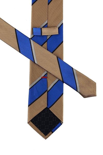 Kravatkolik Zamboni Style Beige - Blue Line Pattern Italian Silk Tie Ik867