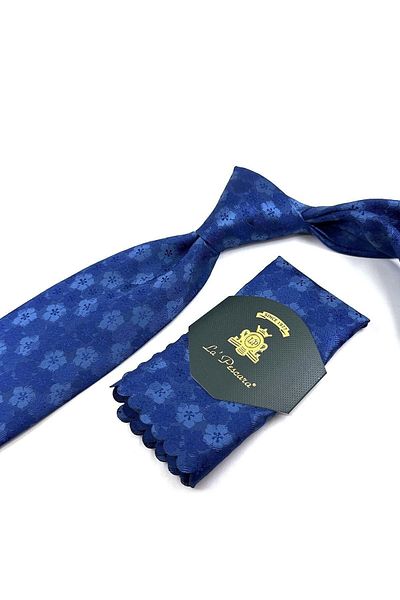 Kravatkolik Navy Blue Flower Pattern Classic Tie with Handkerchief Kk11308