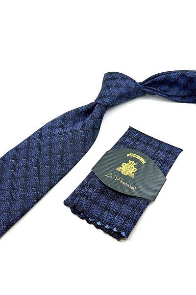 Kravatkolik Blue - Brown Square Pattern Classic Tie with Handkerchief KK12490