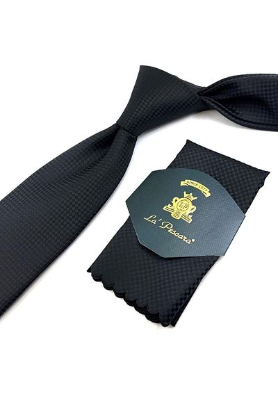 Kravatkolik Classic Tie with Black Dot Pattern Handkerchief Kk11127