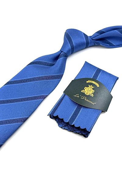 Kravatkolik Blue Striped Classic Tie with Handkerchief - KK12668