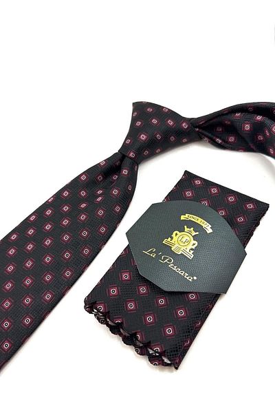Kravatkolik Black Motif Pattern Classic Tie with Handkerchief Kk11063