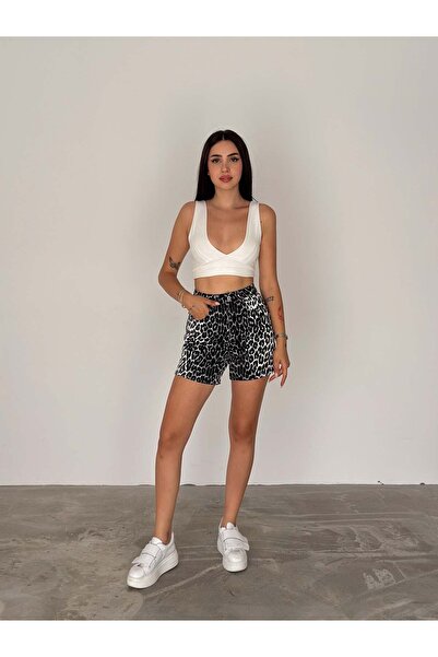 efstyle leopar desenli likralı denim şort