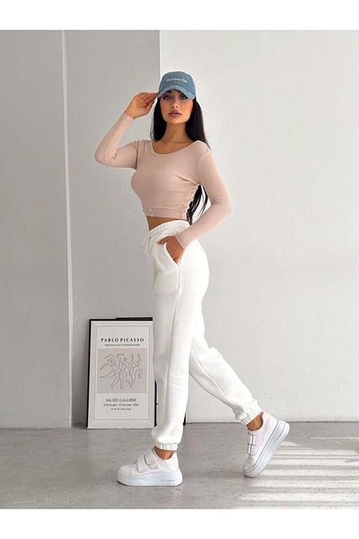NO 601 Λευκό ψηλόμεσο φλις Jogger Sweatpants - 3 κλωστές
