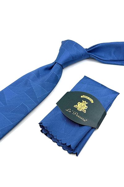 Kravatkolik Classic Tie with Blue Motif Pattern Handkerchief KK12295